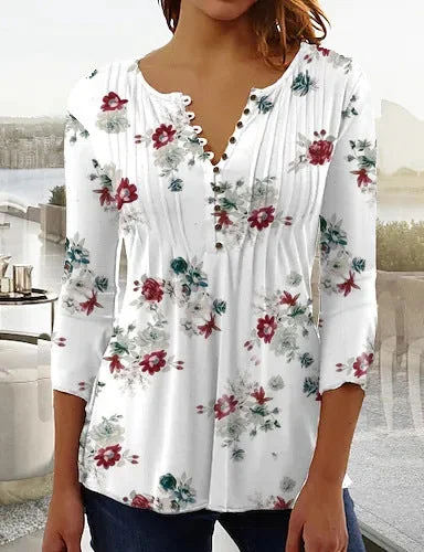Uveng Wear Floral Printed V-neck Sleeve Pleated Blouses