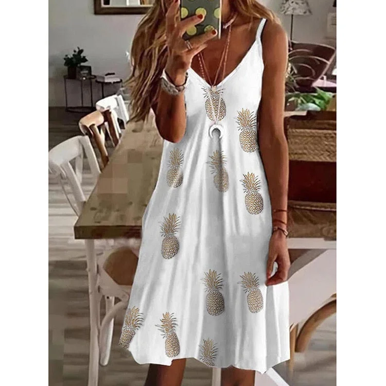 2021 Summer Sexy Deep V Neck Spaghetti Straps Women's Dress Fashion Casual Loose Solid Pineapple Print Ladies Plus Size Dresses