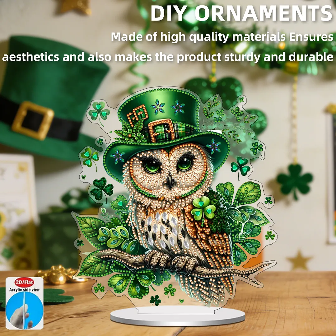 2D Flat DIY St Patricks Day Owl Diamond Painting Tabletop Ornaments Kit Special Shape Crystal Art Craft Decoration Single Side Drill for Living Room Home Office