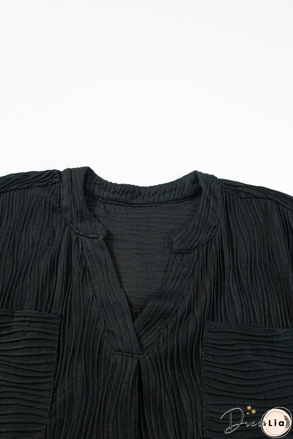 Black Textured V Neck Short Sleeve Pockted Mini Dress