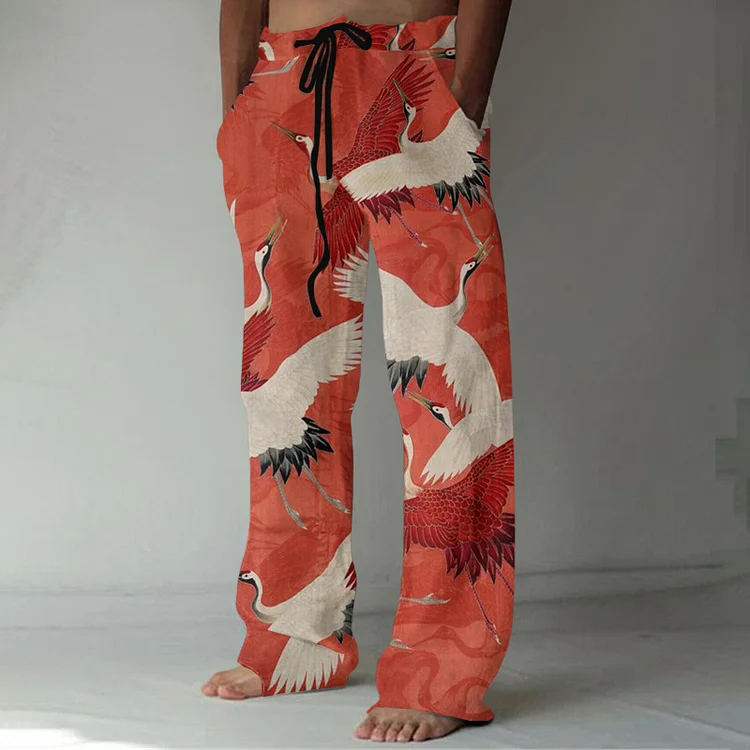 Japanese Art Crane Print Loose Linen Blend Pants