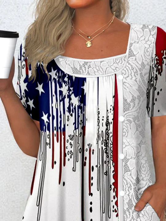 Women's Short Sleeve Scoop Neck Graphic Lace Star Printed Tops