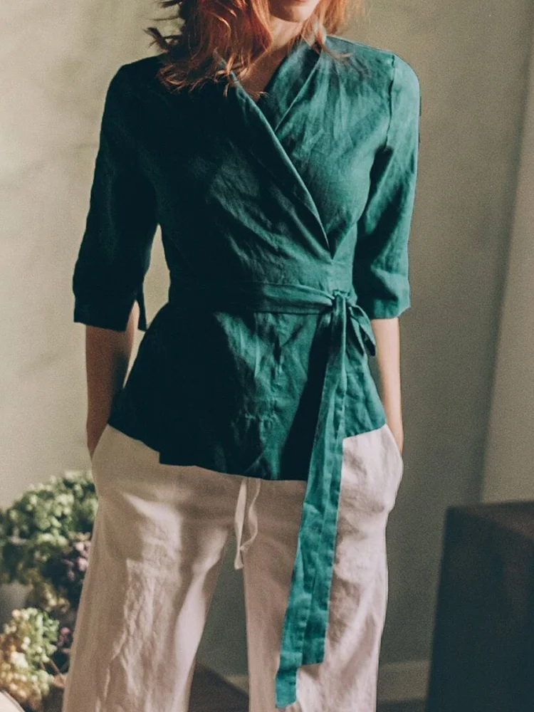 Damen Vintage Schlichtes Wickelhemd aus Leinenmischung