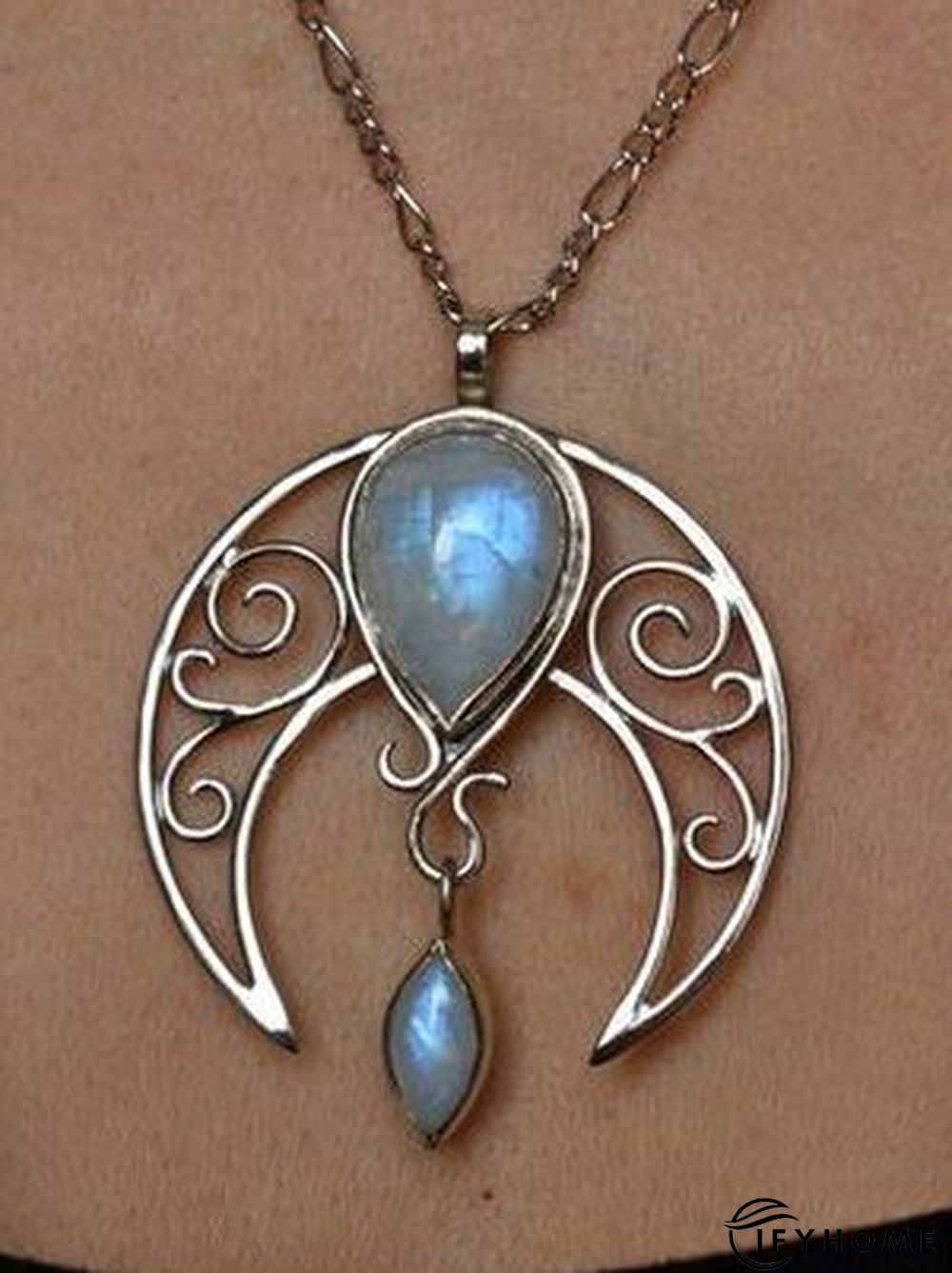 Silver Natural Opal Moonstone Cutout Necklace Ethnic Vintage Jewelry | IFYHOME