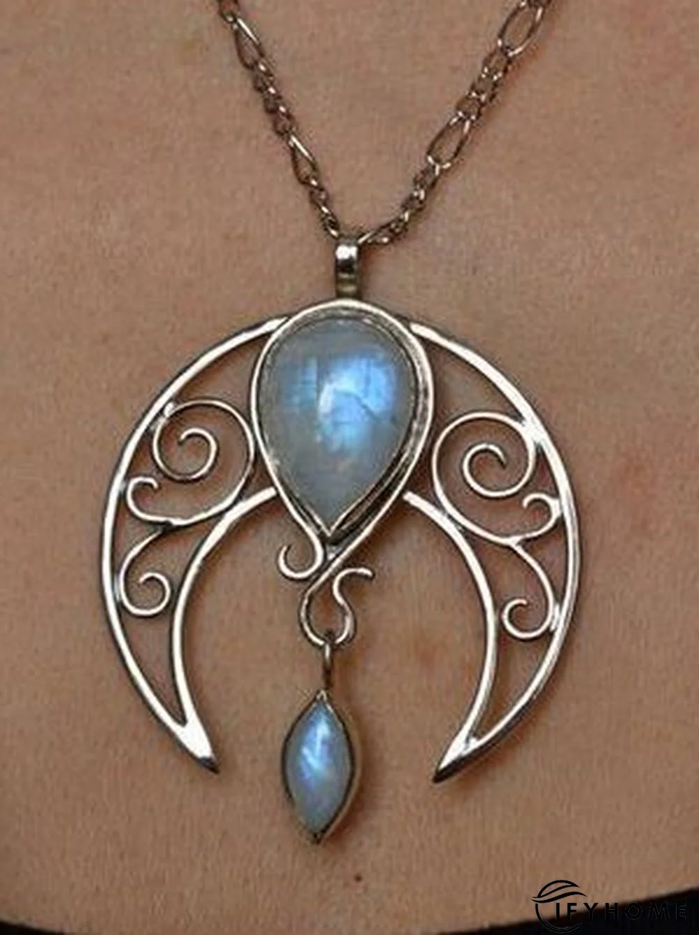 Silver Natural Opal Moonstone Cutout Necklace Ethnic Vintage Jewelry | IFYHOME