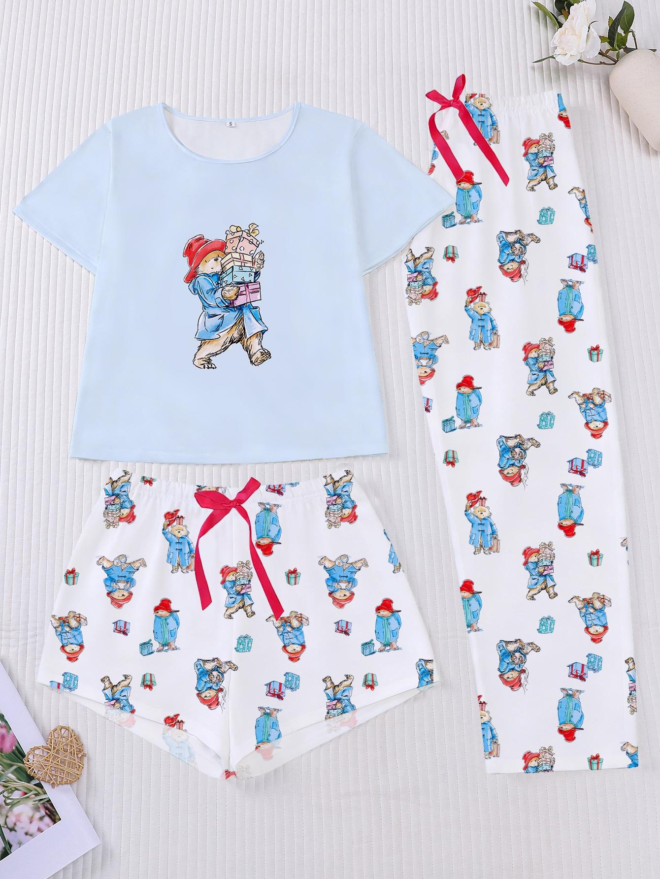 3-Piece Casual Women Pjs Pajama Set with Padding Bear Print, Short Sleeve Button-Up Top and Loose Shorts and Long Pants, Stylish Comfortable Sleepwear & Loungewear for Everyday and Holiday