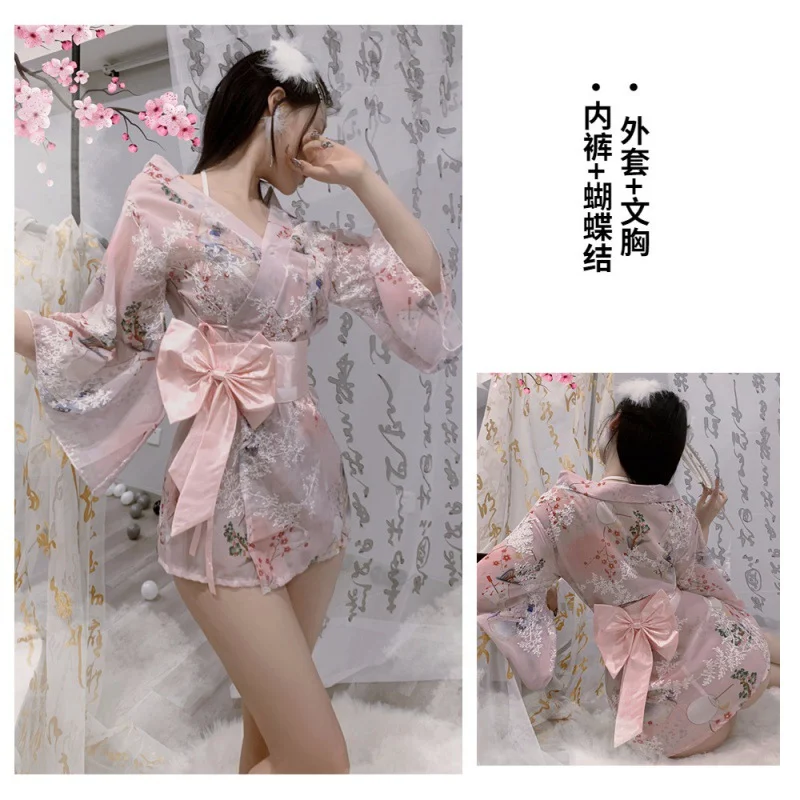 Brownm Sex Lingerie Chiffon And Bathrobe Suit Uniform Seduction Print Bow Sexy Japanese Pajamas New