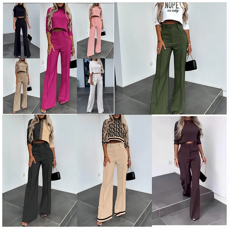 Solid color top + high waist straight pants suit
