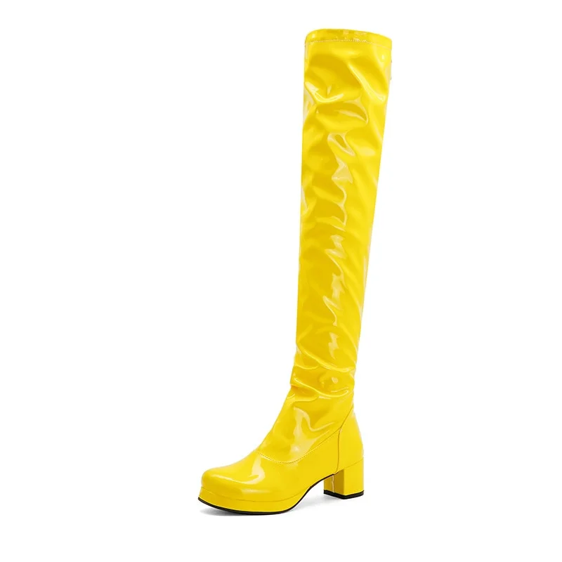 Gdgydh Patent Leather Waterproof Over The Knee Boots Women Candy Colors Green Yellow Fashion Style Long Boots With High Heels