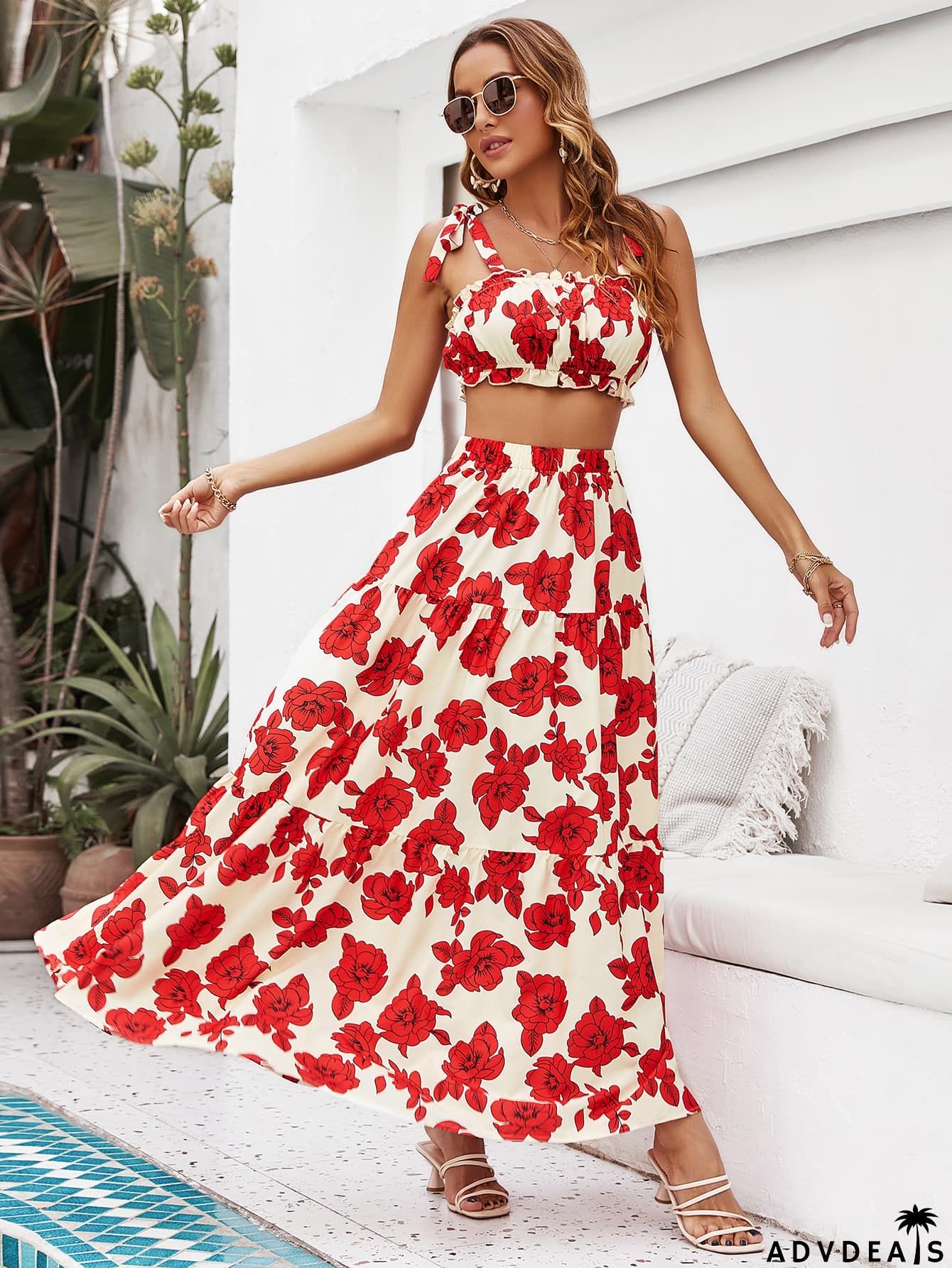 Floral Tie Shoulder Top and Tiered Maxi Skirt Set