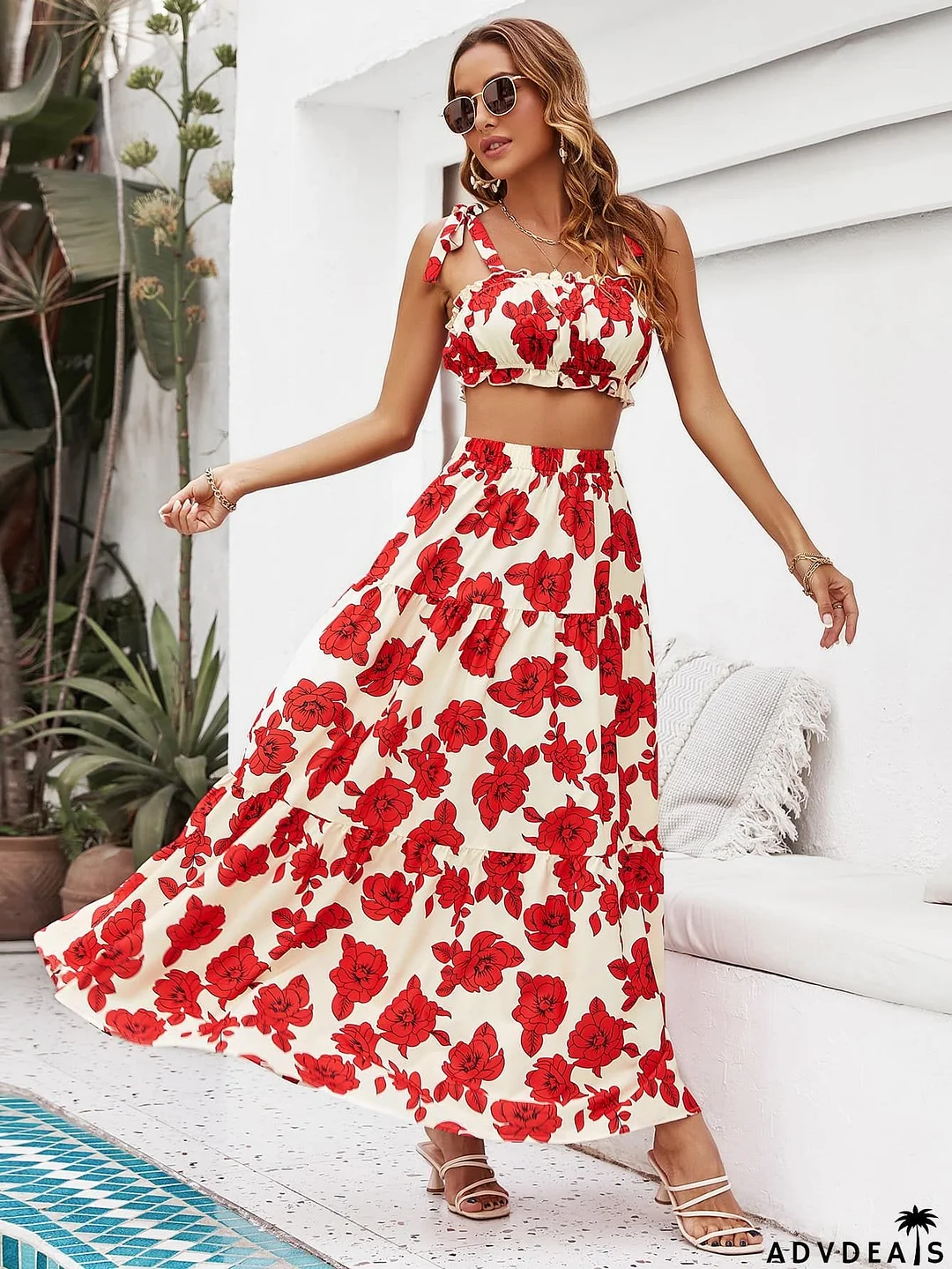 Floral Tie Shoulder Top and Tiered Maxi Skirt Set