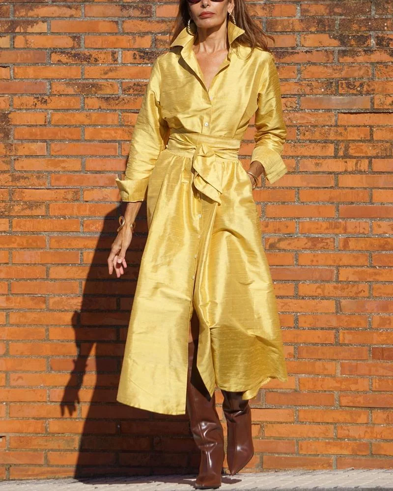 Long Solid Color Dress With Lapel Shirt