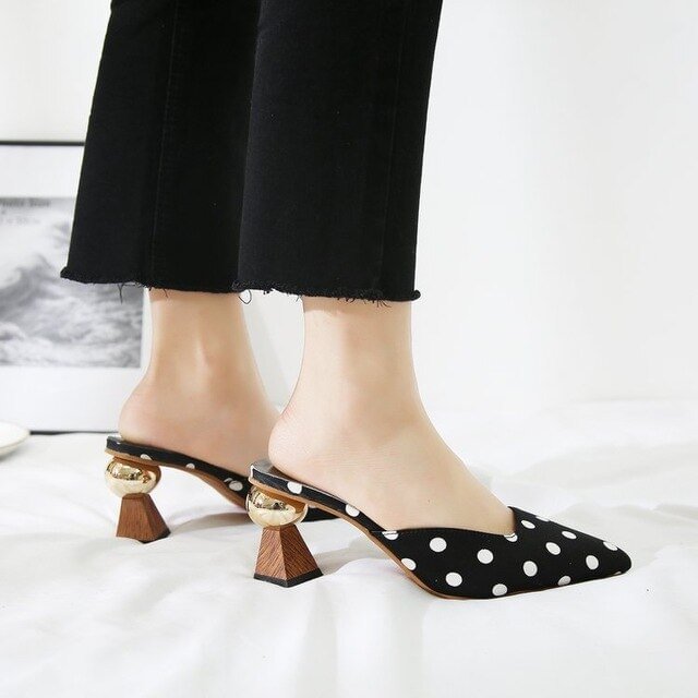 Brand 2021 Fashion Mules Polka Dot Women High Heels for Women Pointed Toe Slip on Flip Flops Women Slippers A175