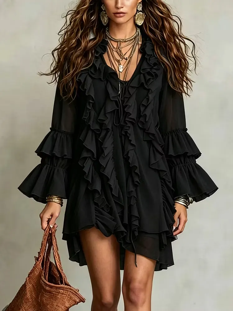 Black V-neck Layered Ruffled Bell Sleeve Chiffon Mini Dress