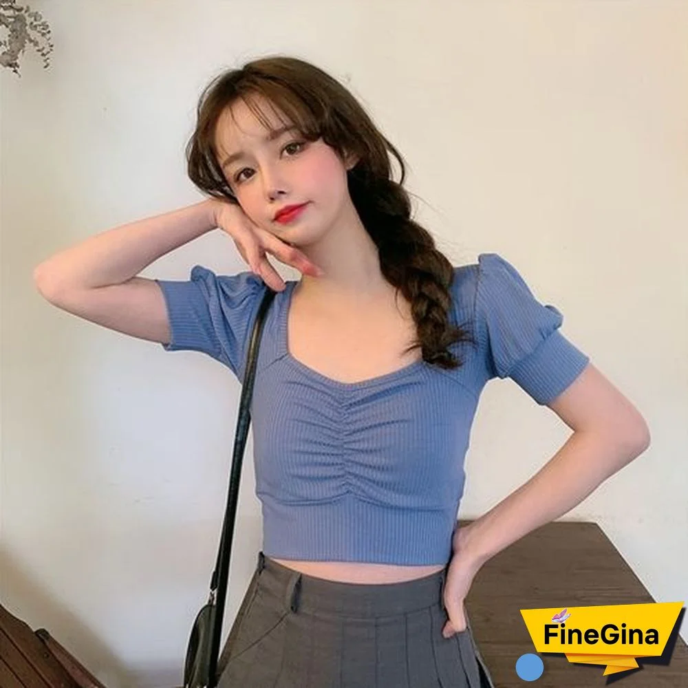 Summer T-Shirts Women Slim Puff Sleeve Temperament Sexy Crop Tops College Elastic Soft Leisure All-Match Kawaii Female Clothing