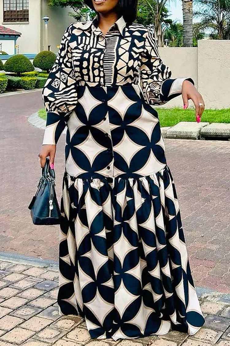 Plus Size Casual Dress Black Pattern Print Slit Puffy Sleeves Maxi Dress 