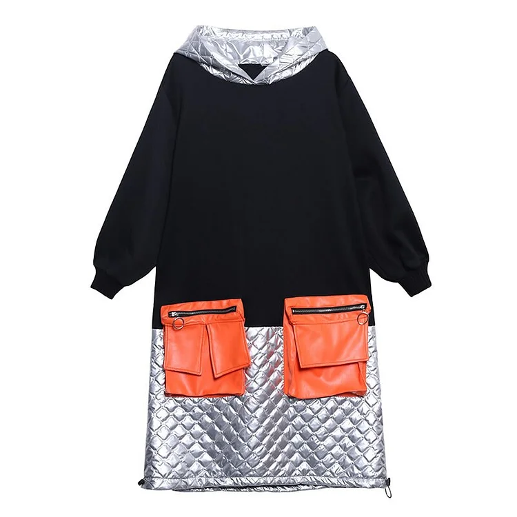Street Loose Hooded Contrast Color Patchwork Splicing Leather Zip-up Pockets Long Sleeve Dress      