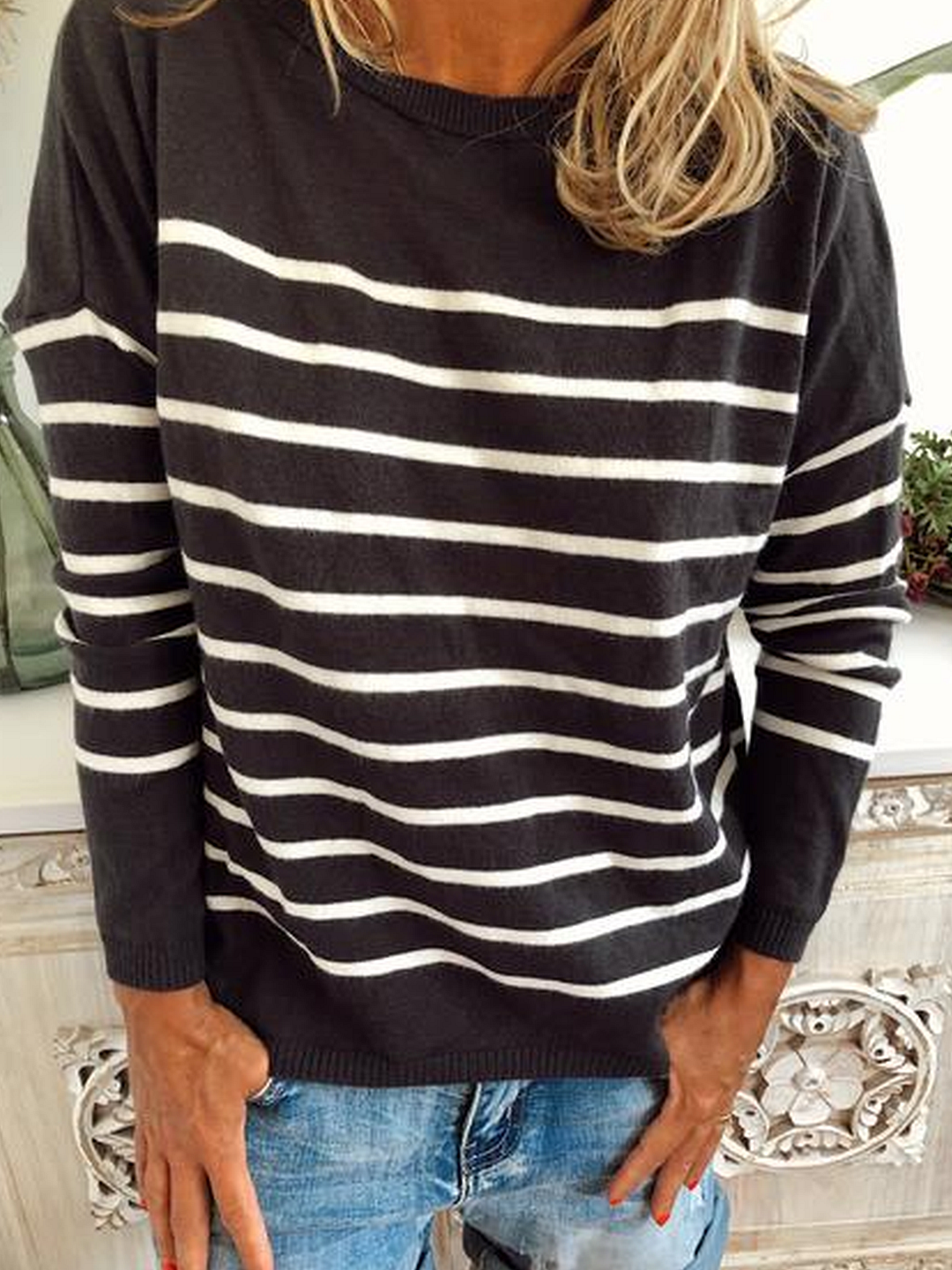 Bateau/boat Neck Stripes Knitted Long Sleeve Sweater | EGEMISS
