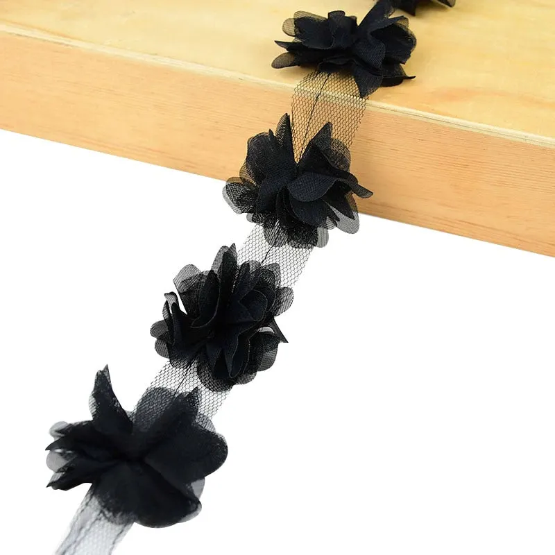 2Yards 24Pcs Flowers 3D Chiffon Cluster Flowers Lace Dress Decoration Lace Fabric Applique Trimming DIY Crafts Sewing Supplies