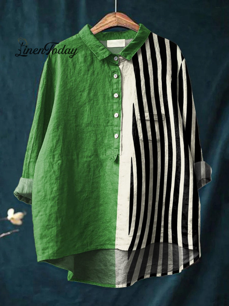 Women&rsquo;s Abstract Geometric Art Print Casual Cotton And Linen Shirt Multicolor / S