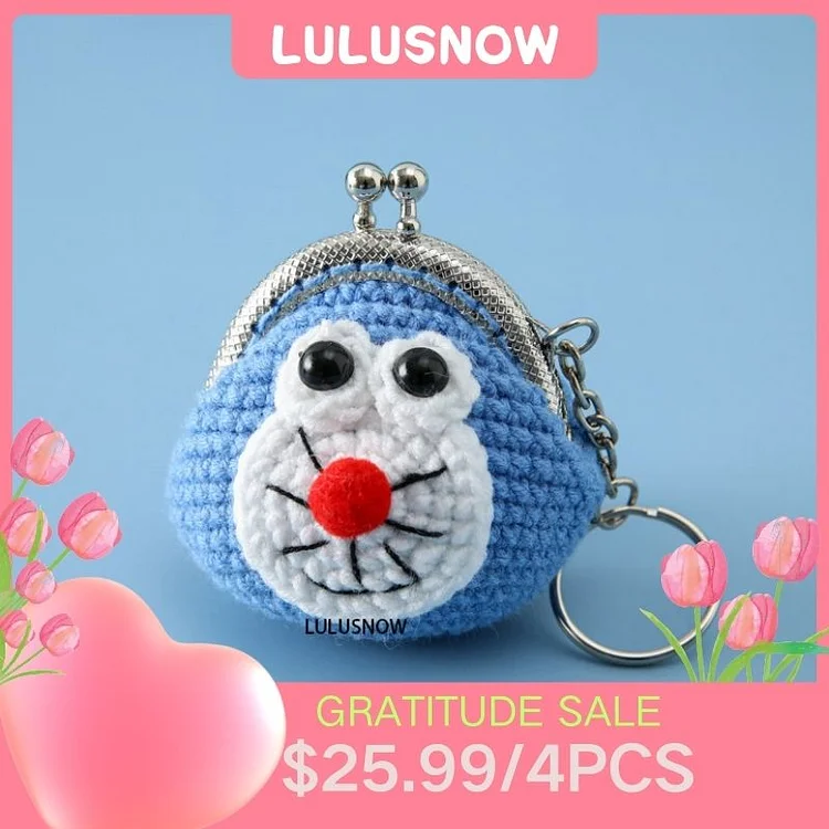 Lulusnow Handmade Blue Doraemon Small Money Pouch Crochet Coin Purse Keychain Bag Pendant Gift for Her/Friend/Kids/Christmas/Easter