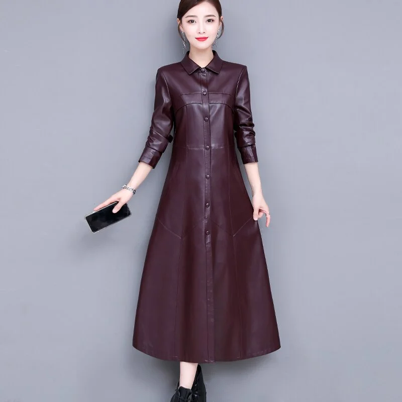 FTLZZ New Women Sheepskin Genuine Leather Long Jacket Thicken Coat Single Breasted Leather Trench Coat Outerwear Female