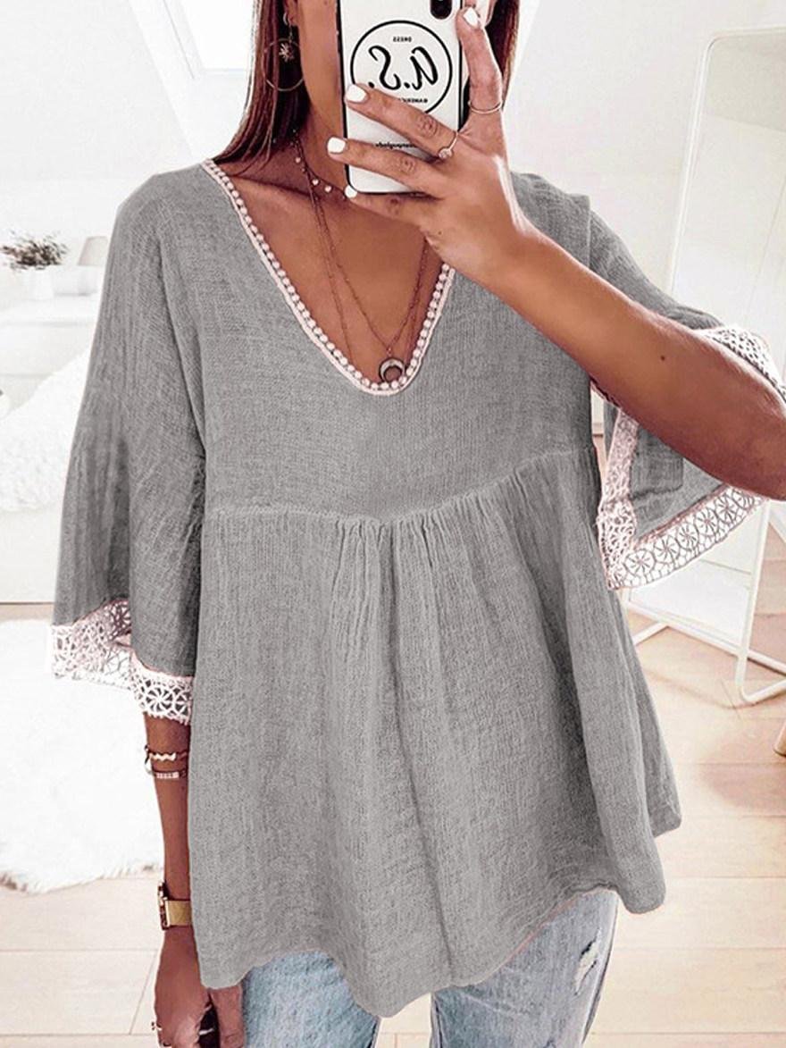 Casual Lace Stitching Five-quarter Sleeve Cotton And Linen Shirt | EGEMISS