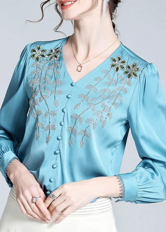 Vogue Blue V Neck Embroideried Button Nail Bead Silk Top Long Sleeve