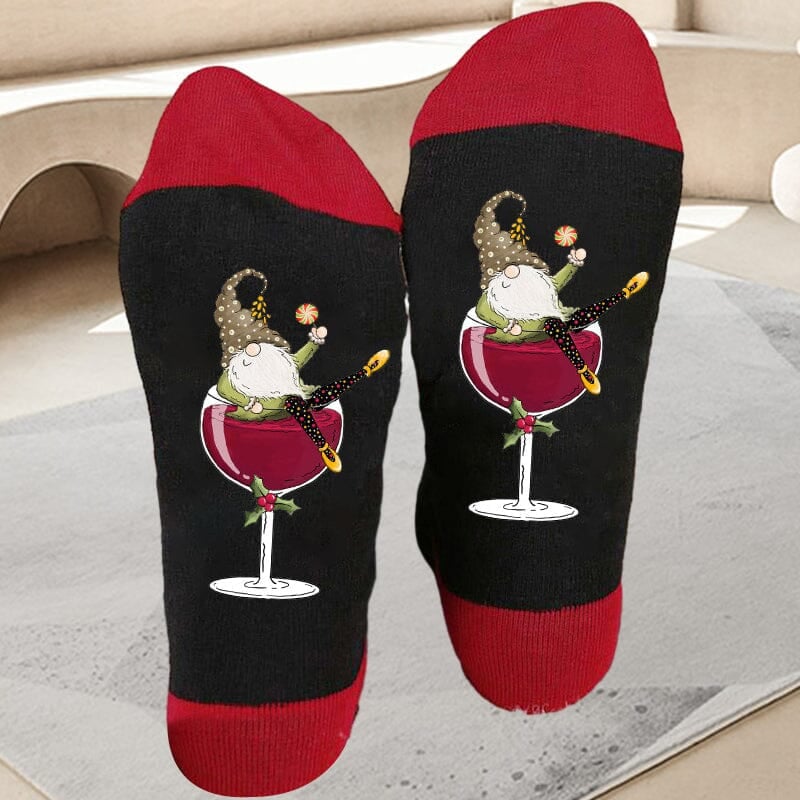 🧦🍷USD9.99 🧦 -Christmas Gnome Wine Glass Unisex Crew Socks
