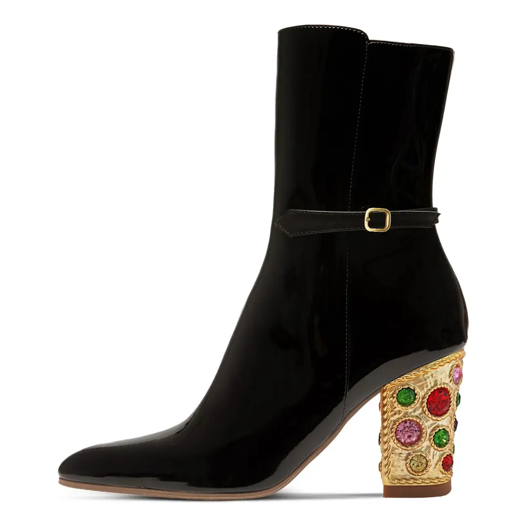 Patent Leather Pointed Toe Buckle Strap Rhinestone Black Heel Booties