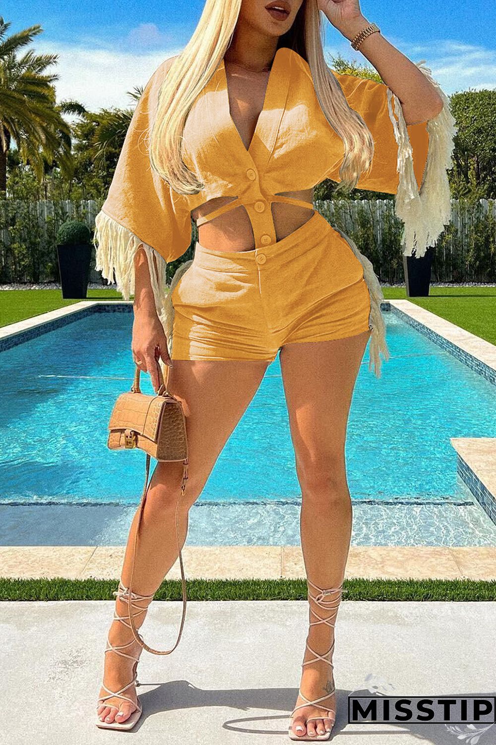 Ink Green Casual Solid Tassel Patchwork V Neck Half Sleeve Two Pieces