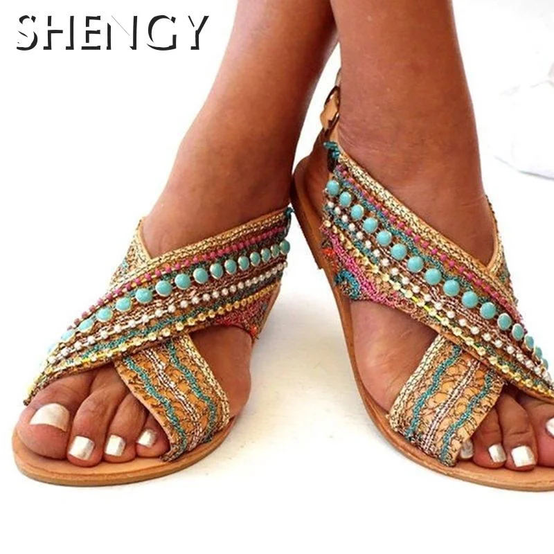 2020 Summer Women Sandals Cross-Strap Beading Flat Sandals Foreign Ethnic Style Bohemian Beach Shoes Female Sandalias Shoes
