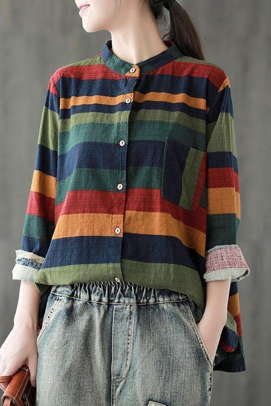 Plus Size - Vintage Striped Long Sleeve 100%Cotton Shirt