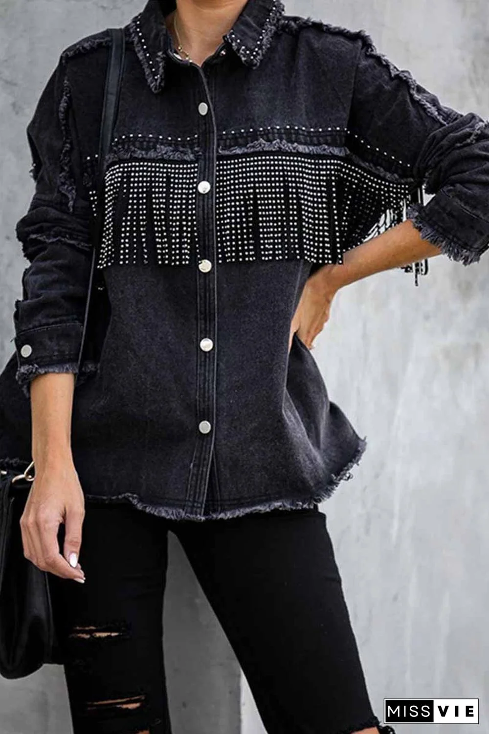 Long Sleeve Fringed Denim Jacket Tops