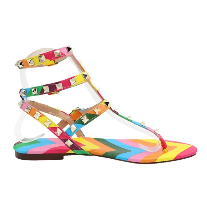 Women's Studded  T-Strap Strappy  Thong  Flats Sandals-vocosishoes