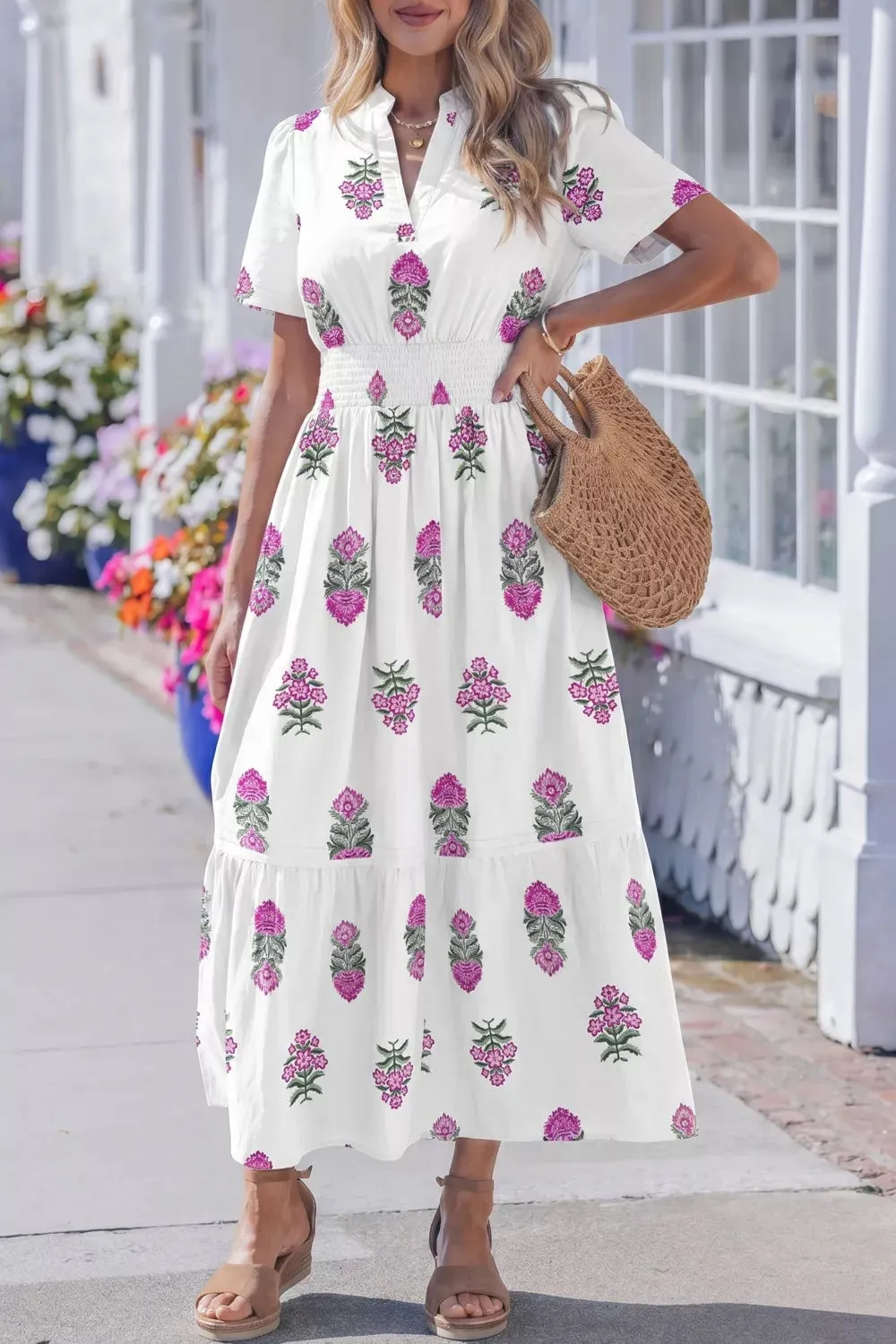 Floral Print Split Neck Shirred High Waist Ruffle Hem Midi Dress mysite idetrend