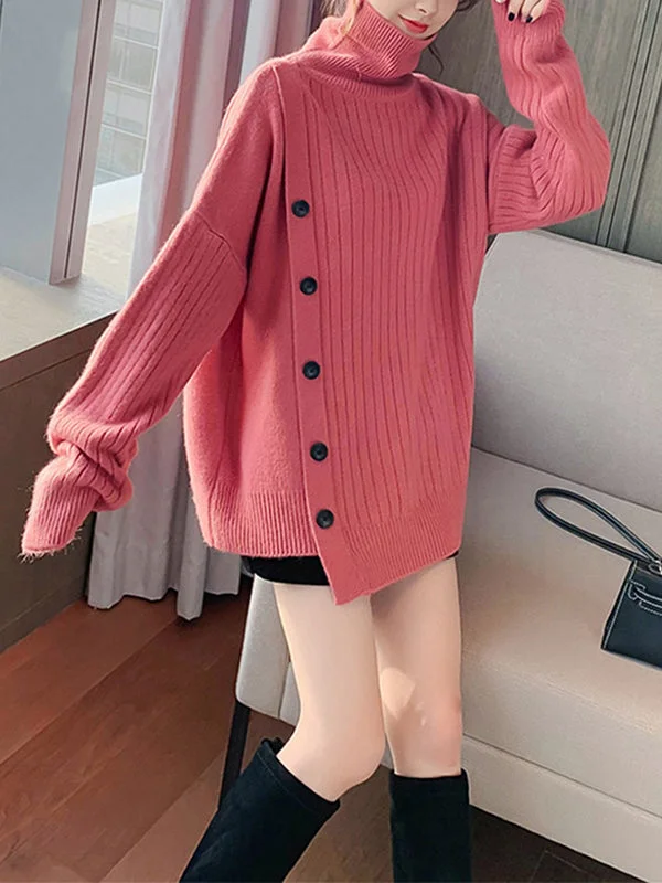 Asymmetric Buttoned High-low Long Sleeves High-neck Sweater Tops Pullovers Knitwear