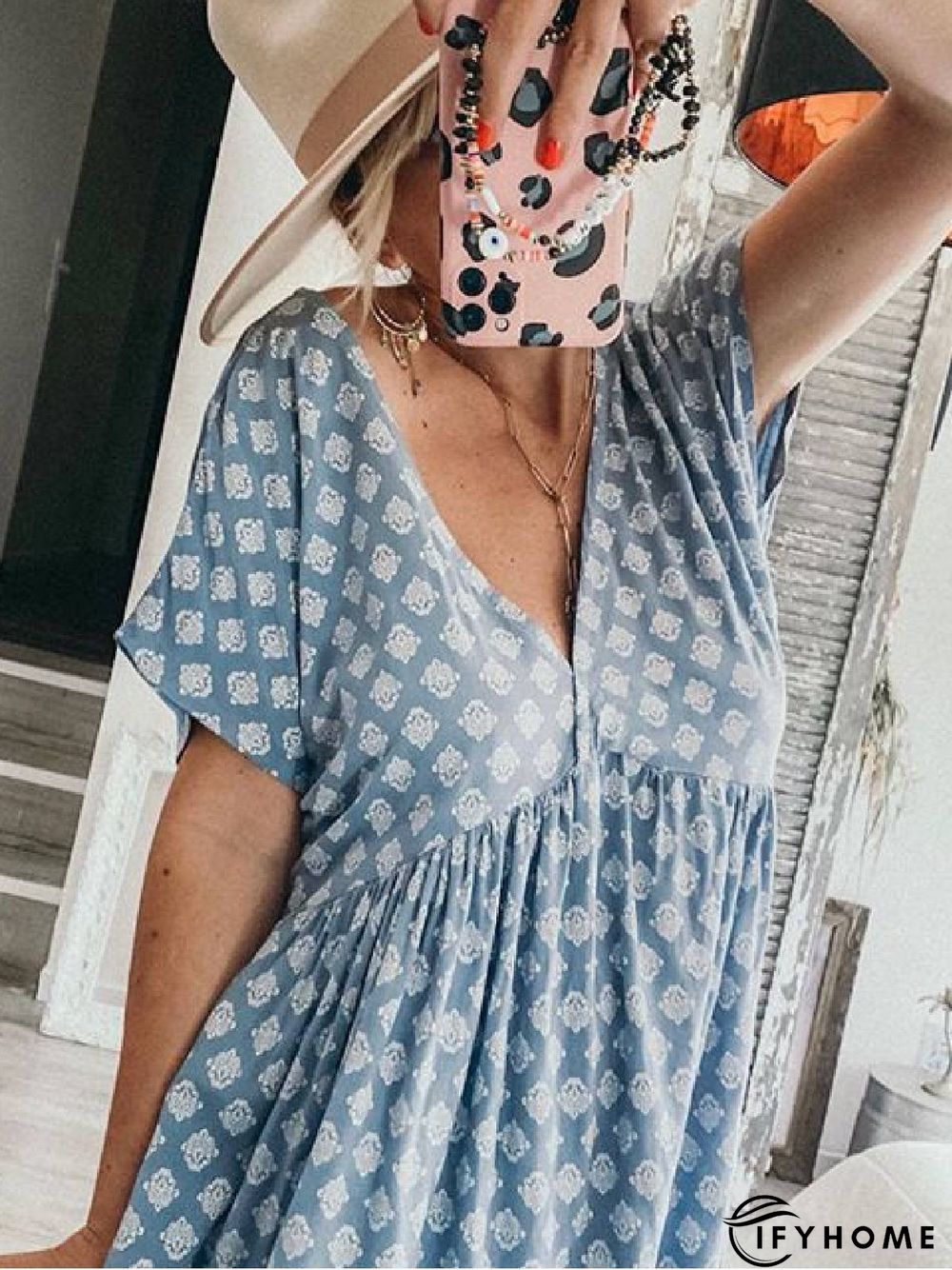 Blue Geometric Casual Floral-Print V Neck Knitting Dress | IFYHOME