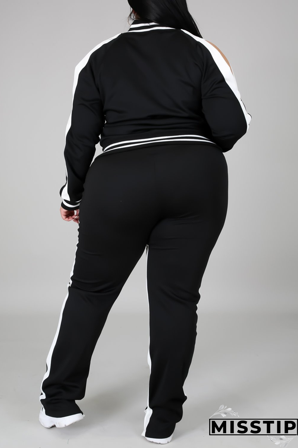 Black Fashion Casual Sportswear Zipper Collar Long Sleeve Regular Sleeve Patchwork Plus Size Set