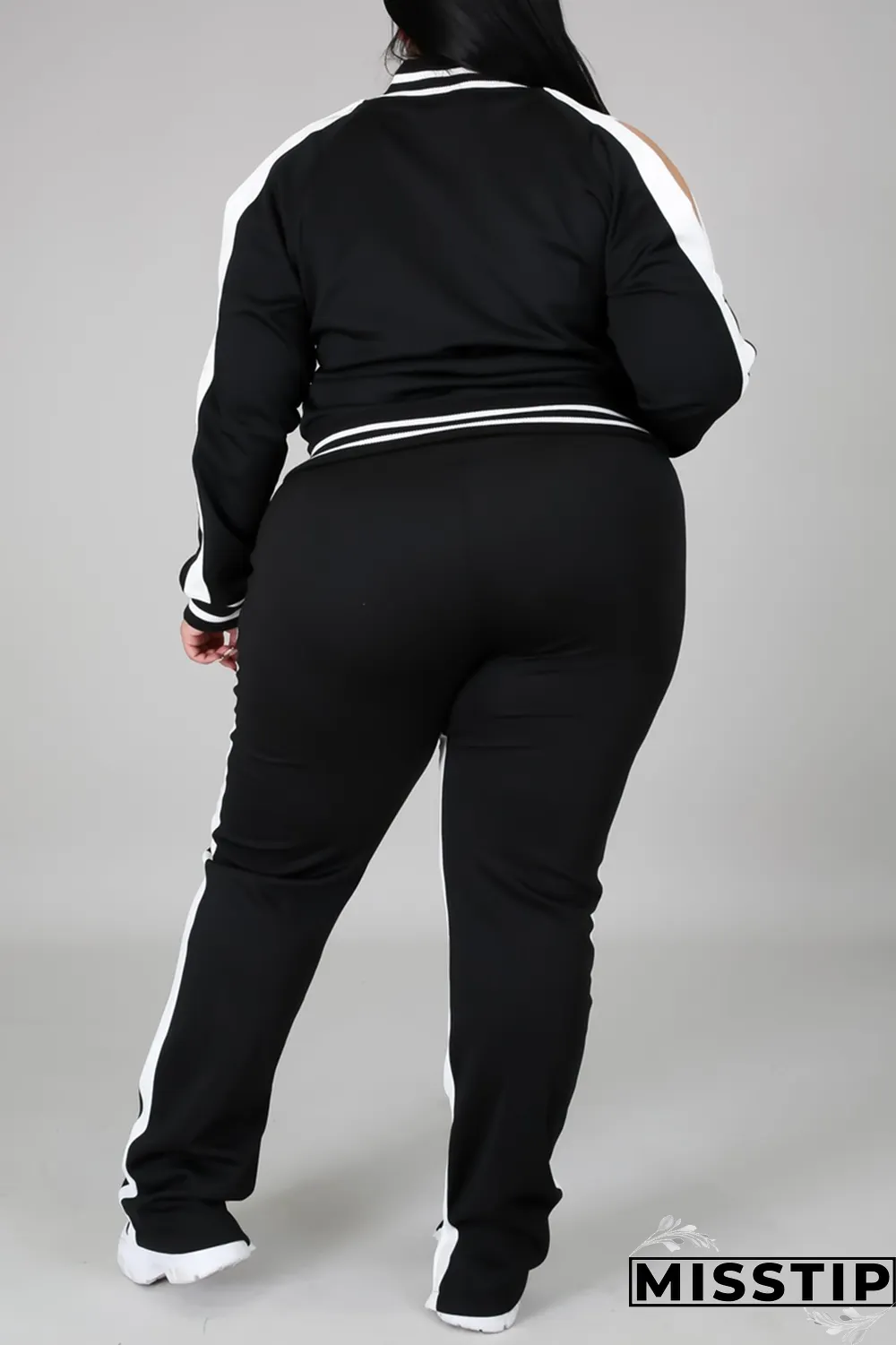 Black Fashion Casual Sportswear Zipper Collar Long Sleeve Regular Sleeve Patchwork Plus Size Set