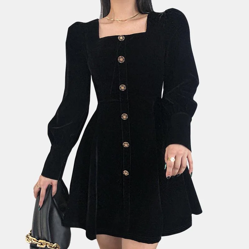Square Collar Velvet A-line Dress
