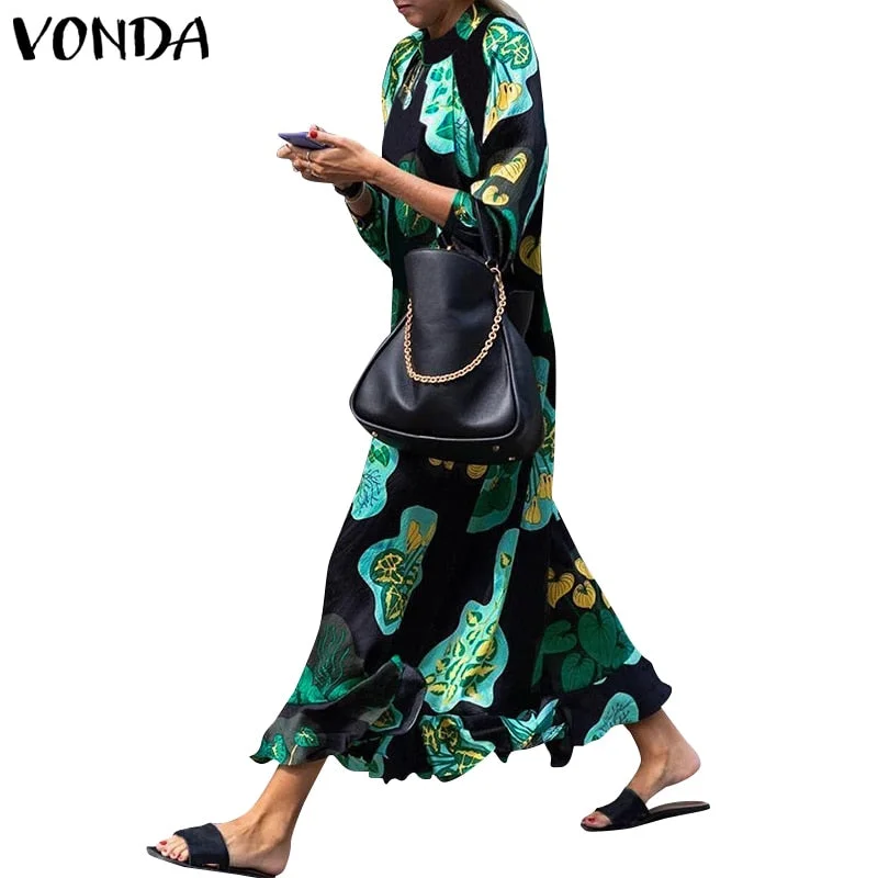 2022 VONDA Summer Dress Women Long Maxi Dress Vintage Floral Printed Long Sleeve Loose Beach Sundress  Casual Vestidos