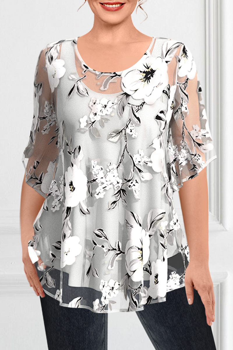 Flycurvy Plus Size Dressy Light Grey Chiffon See-Through Floral Print Two Pieces Blouse 2024 - Flycurvy 
