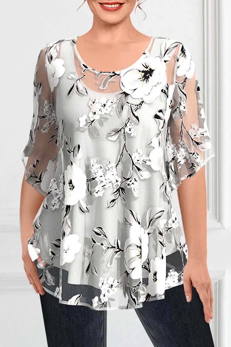 Flycurvy Plus Size Dressy Light Grey Chiffon See-Through Floral Print Two Pieces Blouse  Flycurvy [product_label]