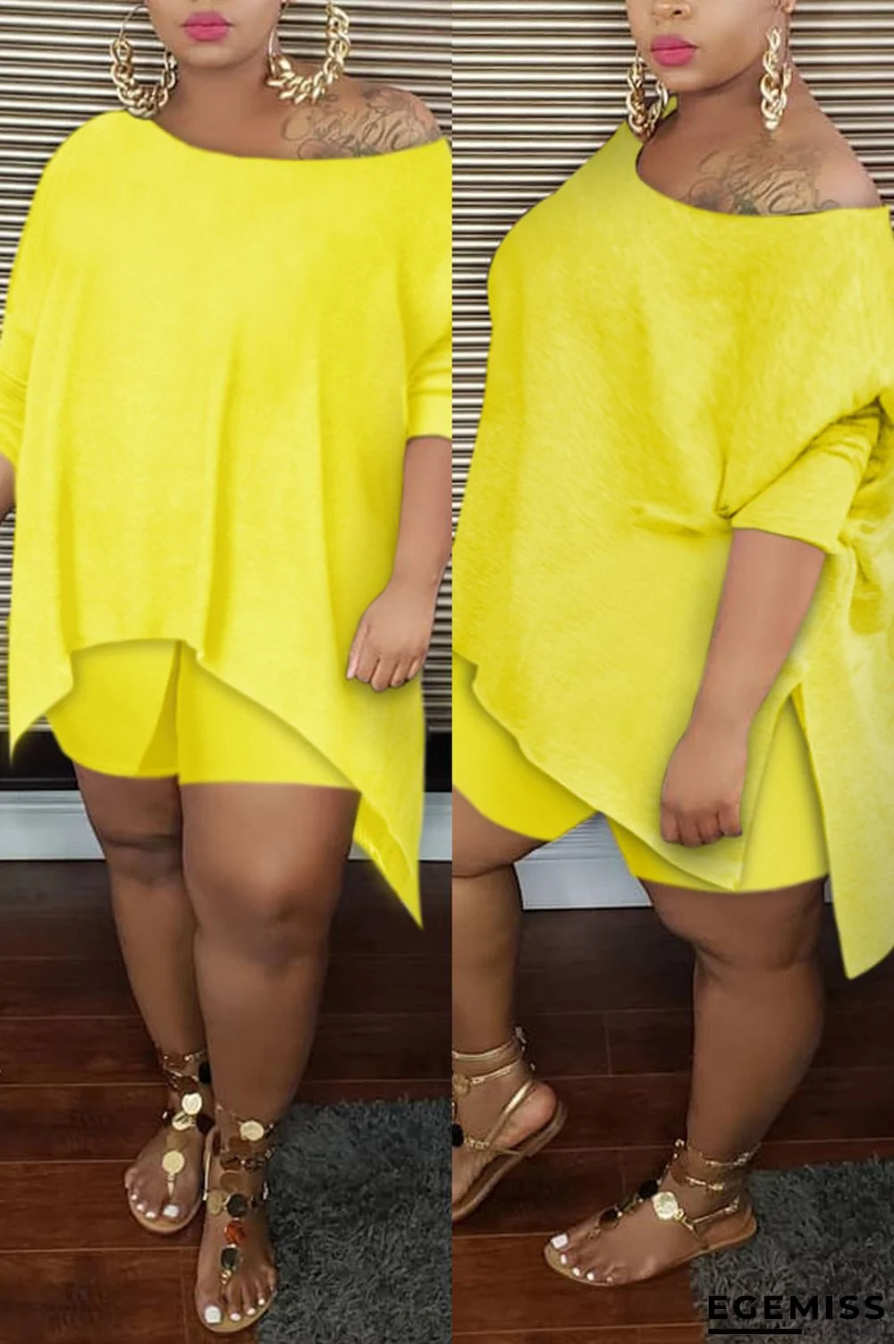 Yellow Casual Solid Asymmetrical One Shoulder Plus Size | EGEMISS