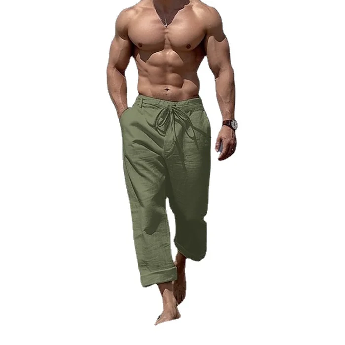 Men's Beach Holiday Plain Casual Linen Pants、、URBENIE