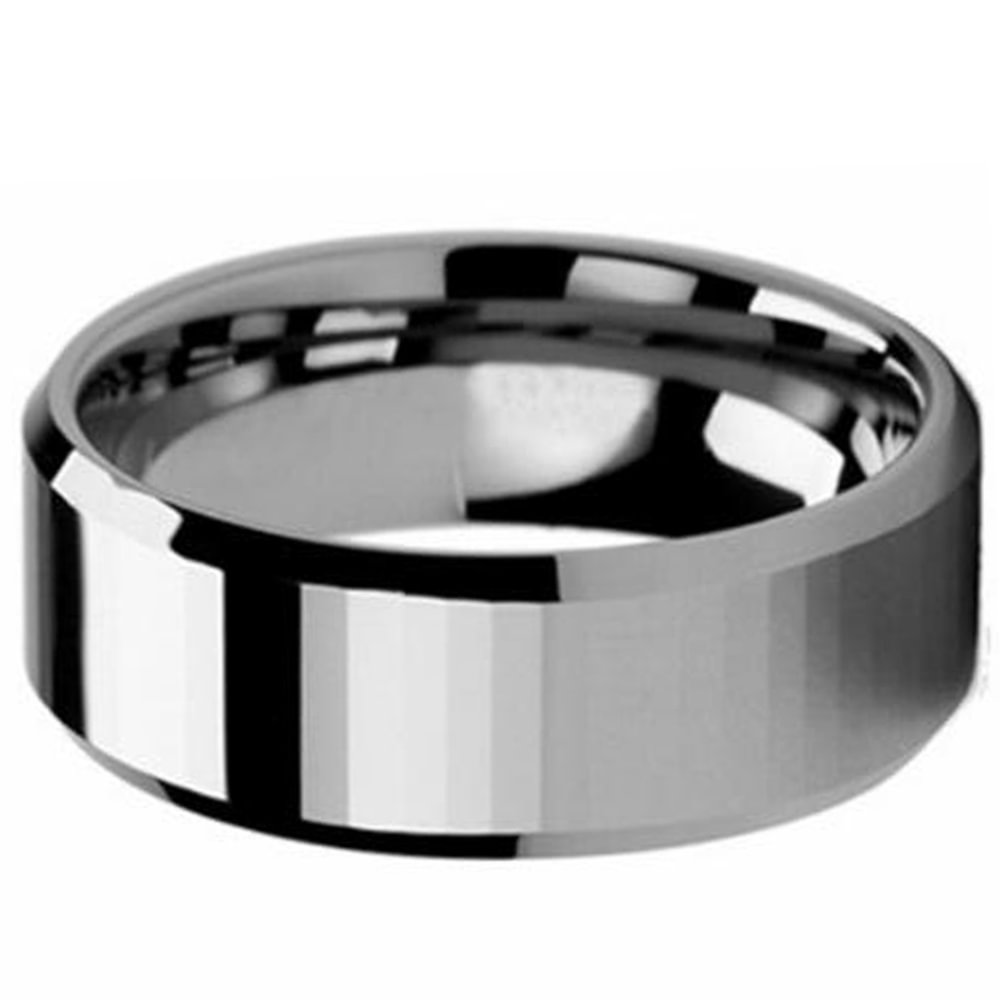 8mm Silver Men Multi Faceted Tungsten Rings Beveled Edge