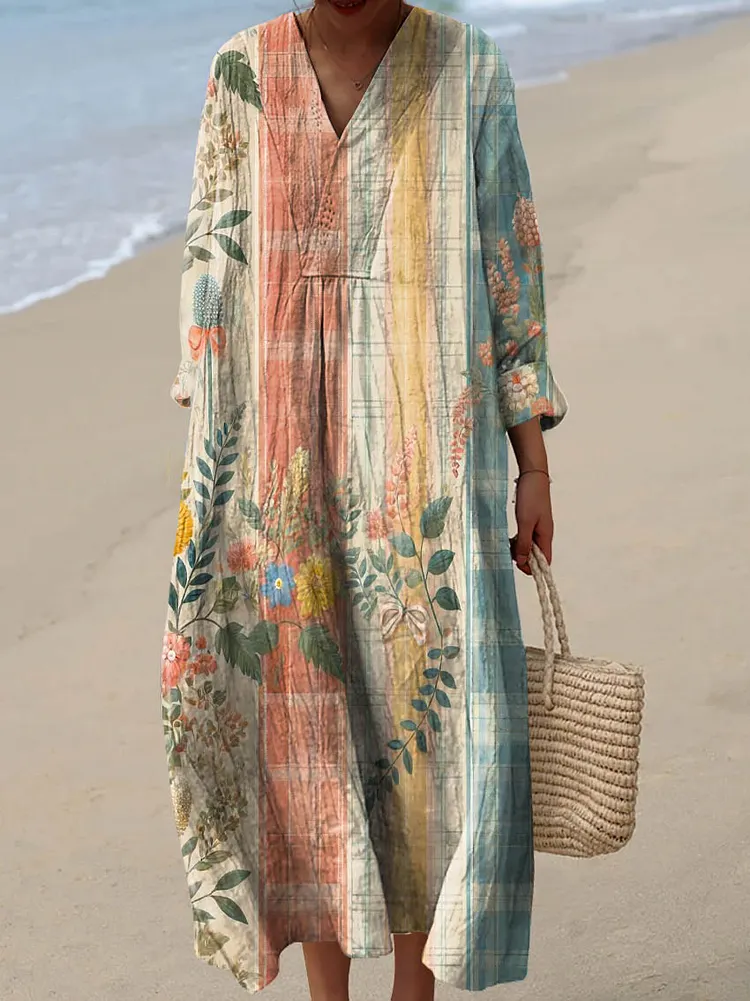 Women's Vintage Lovely Floral Pattern Art Print Cotton Dress