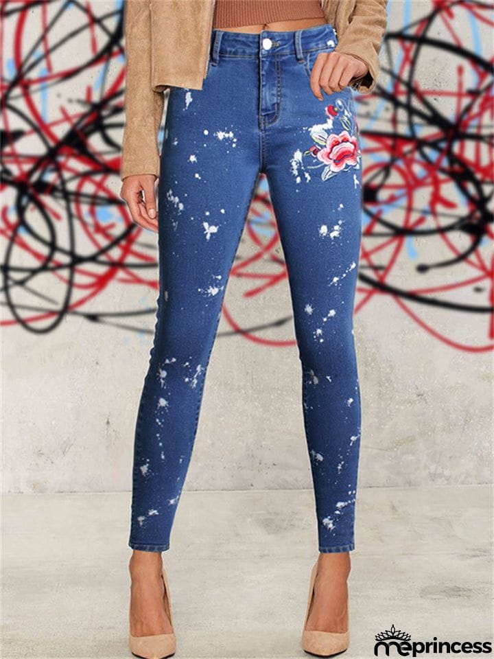 Women's Floral Embroidery Skinny White Spray Print Denim Jeans