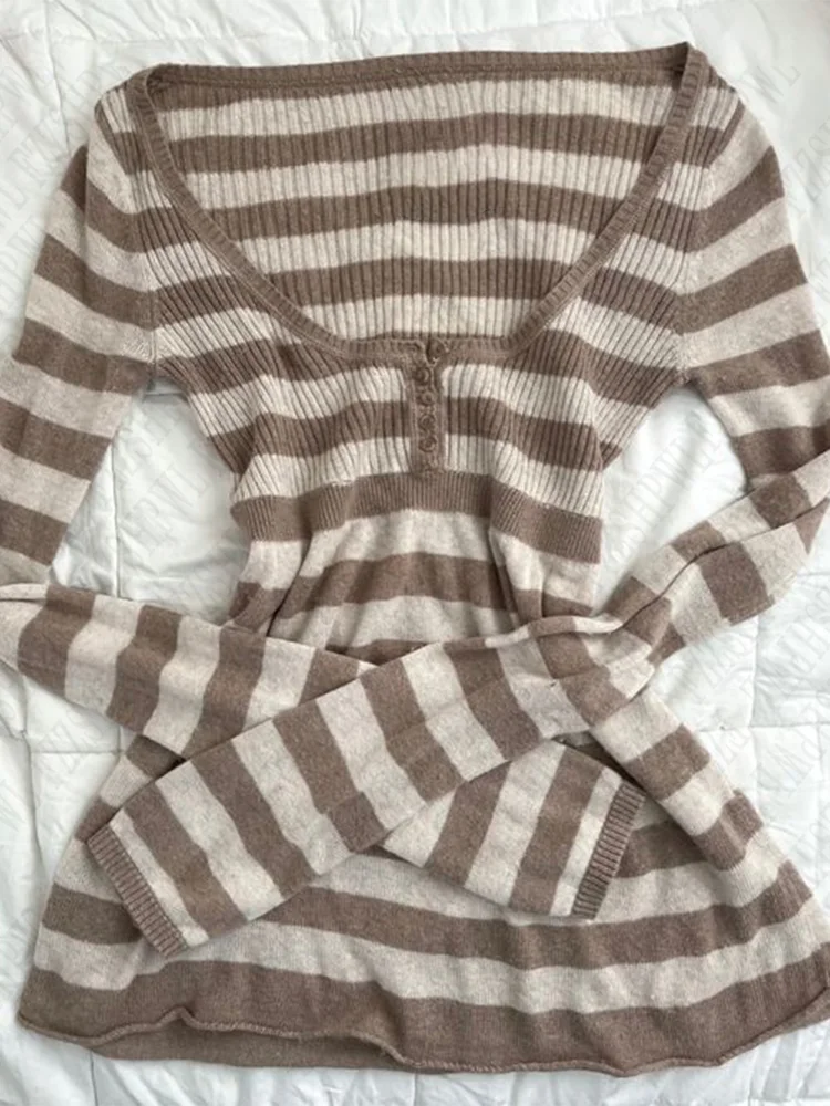 Aonga Casual fashion striped autumn and winter pullover sweater vintage Harajuku Y2K punk emo girls streetwear cute chic slim sweater aonga